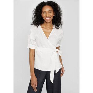 CLUB MONACO 100% Linen Puff Sleeve Wrap Top in White Cottagecore Lagenlook Sz L
